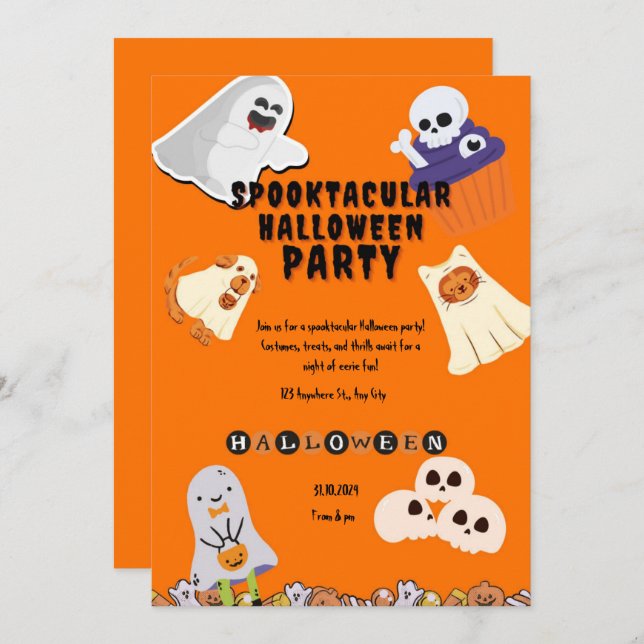 Cute spooktacular orange ghost Halloween party Invitation (Front/Back)