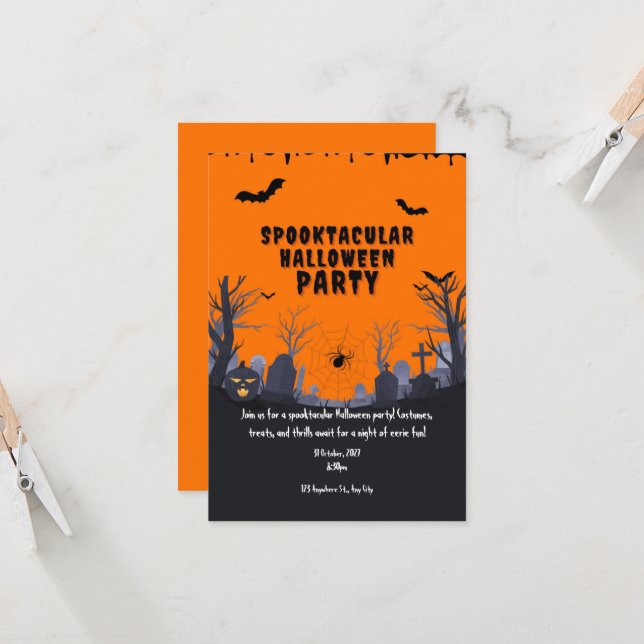 Cute spooktacular orange ghost Halloween party Invitation (Front/Back In Situ)
