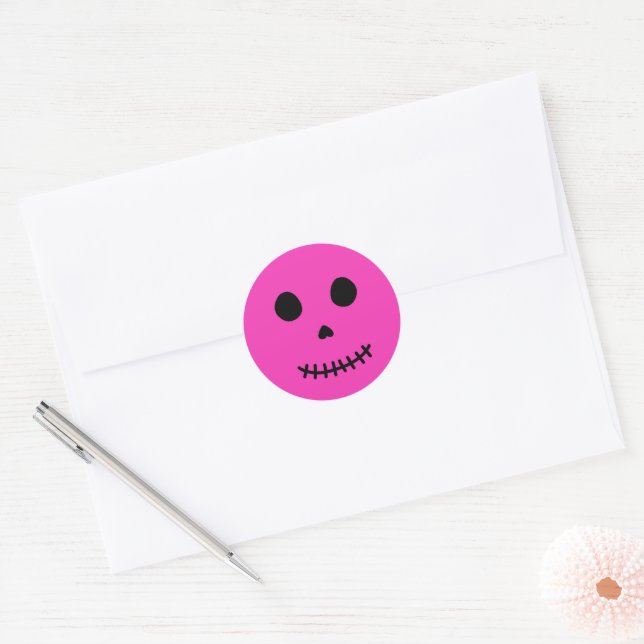 Cute Spooky Adorable Pink Halloween Skull Classic Round Sticker (Envelope)