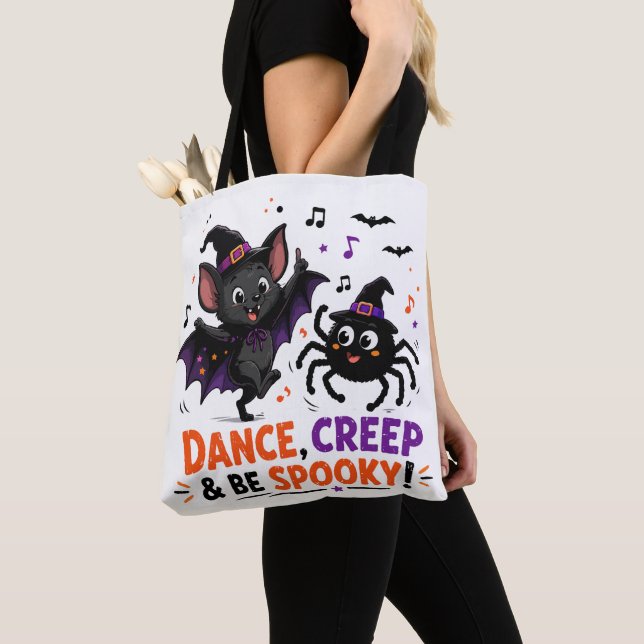 Cute Spooky Bat and Spider Dance Tote Bag (Close Up)