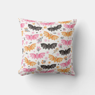 Cute Spooky Bats and Florals Pastel Halloween Throw Pillow
