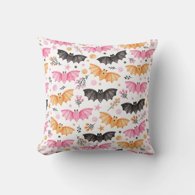 Cute Spooky Bats and Florals Pastel Halloween Throw Pillow (Front)