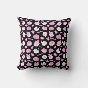 Cute Spooky Black and Pink Halloween Pattern Throw Pillow