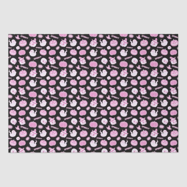 Cute Spooky Black and Pink Halloween Pattern Tissue Paper (Front)