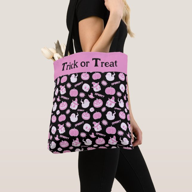 Cute Spooky Black and Pink Halloween Pattern Tote Bag (Close Up)