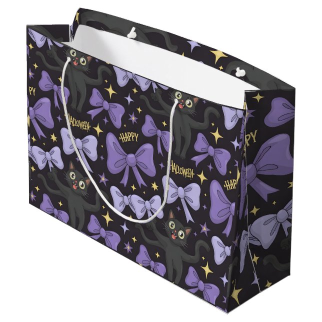 Cute Spooky Black Cat & Bow Seamless Halloween Large Gift Bag (Back Angled)