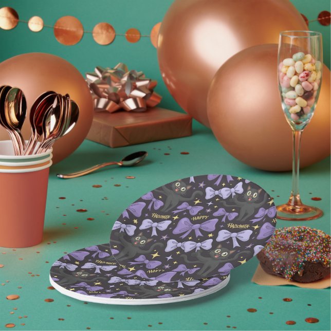 Cute Spooky Black Cat & Bow Seamless Halloween Paper Plate (Multi)