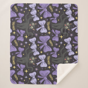 Cute Spooky Black Cat & Bow Seamless Halloween Sherpa Blanket