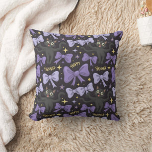 Cute Spooky Black Cat & Bow Seamless Halloween Throw Pillow