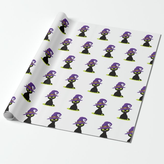 Cute Spooky Black Cat Fun Halloween Pattern Wrapping Paper (Unrolled)