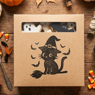 Cute Spooky Black Cat Witch Broomstick Rubber Stamp