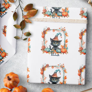 Cute Spooky Black Cat Witch Hat Pumpkin Halloween Wrapping Paper