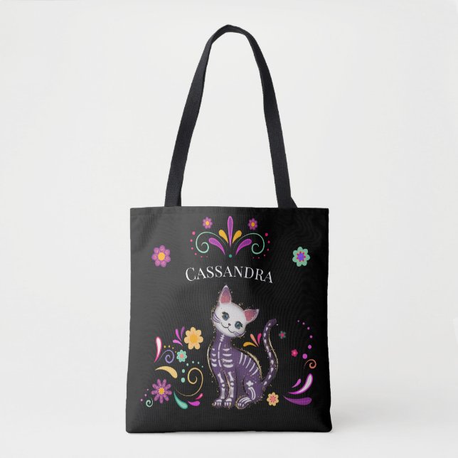 Cute Spooky Cat with Colourful Flowers  Tote Bag (Front)