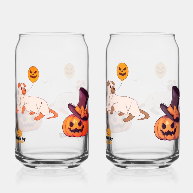 Cute Spooky Dog Ghost & Pumpkin Halloween Design – Can Glass (Front)