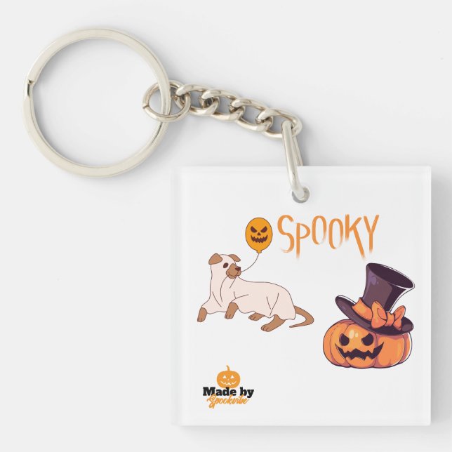 Cute Spooky Dog Ghost & Pumpkin Halloween Design – Keychain (Front)