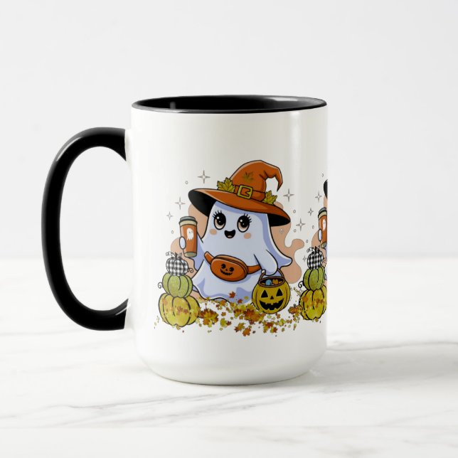 Cute Spooky Drinking Coffee Combo Mug, 15 oz Mug (Left)