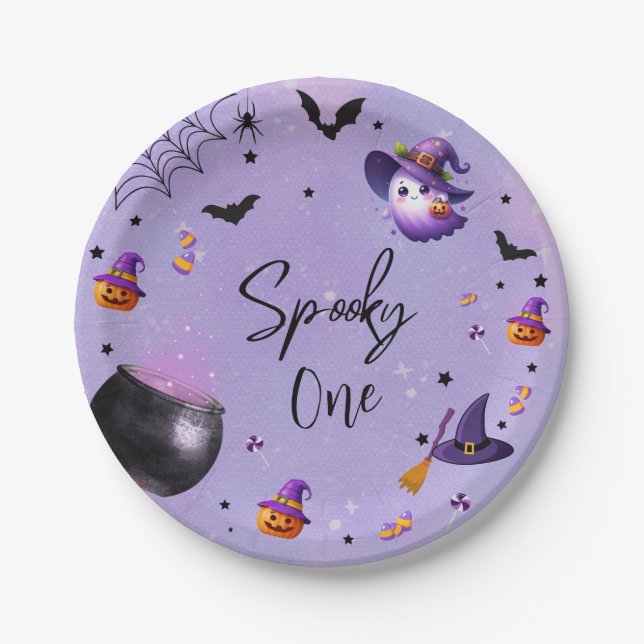 Cute Spooky First Birthday Halloween Party Purple Paper Plate (Front)