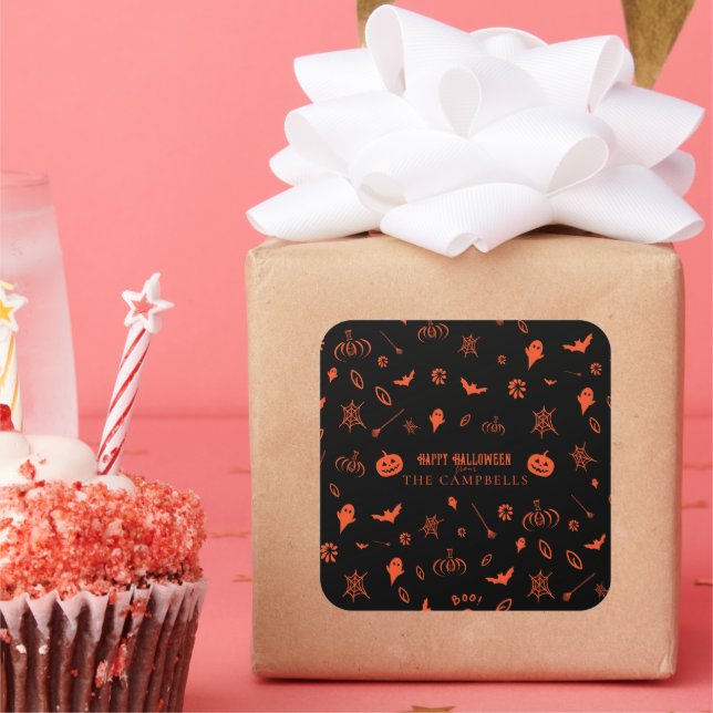 Cute Spooky Ghost Black Orange Halloween Square Sticker (Party)