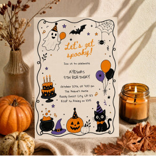Cute Spooky Ghost Cat Pumpkin Halloween Birthday Invitation