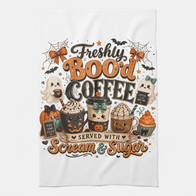 Cute Spooky Ghost Coffee Lover Halloween Kitchen Towel (Vertical)