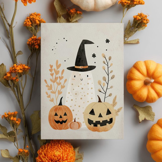 Cute& Spooky Ghost with Jack-o'-Lanterns Halloween Postcard (Creator Uploaded)
