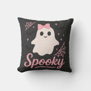 Cute Spooky Ghost with Pink Bow Kawaii Halloween Throw Pillow