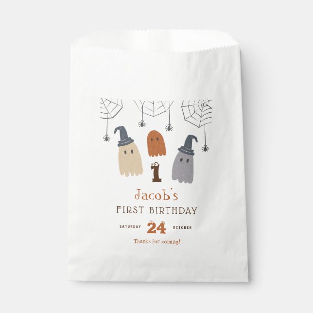 Cute Spooky Ghosts and Spiders First Birthday Favour Bag (Front)