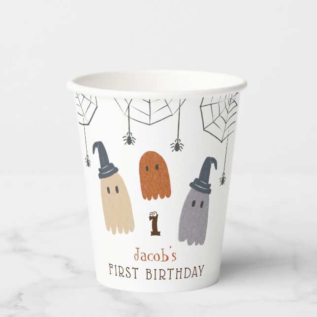 Cute Spooky Ghosts and Spiders First Birthday Paper Cups (Front)