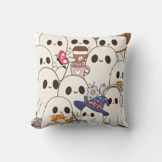 Cute Spooky Ghosts Coffee & Cat Autumn Throw Pillow