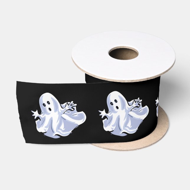Cute Spooky Ghosts on Black Satin Ribbon (Spool)