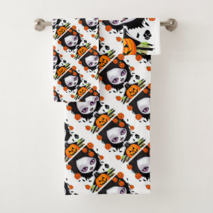Cute Spooky Girl and Pumpkins Halloween Bath Towel Set