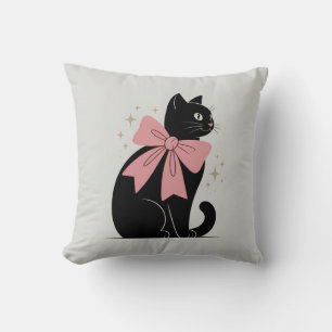 Cute Spooky Halloween Black Cat with Bow Throw Pillow