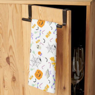 Cute Spooky Halloween Candy and Pumpkins Seamless Kitchen Towel