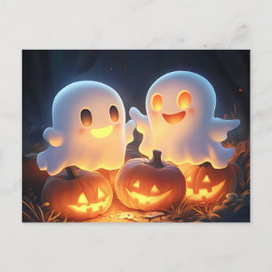 Cute Spooky Halloween Cartoon Ghosts Glowing Pumpk Announcement Postcard