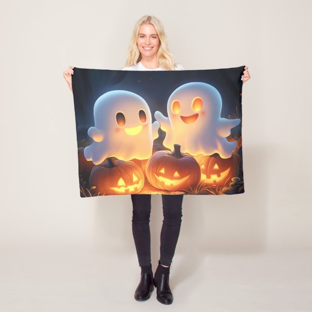 Cute Spooky Halloween Cartoon Ghosts Glowing Pumpk Fleece Blanket (In Situ)