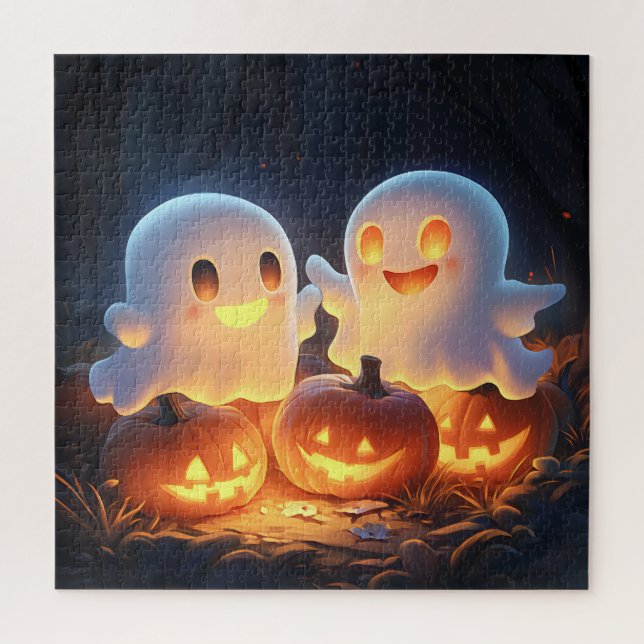 Cute Spooky Halloween Cartoon Ghosts Glowing Pumpk Jigsaw Puzzle (Vertical)
