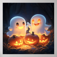 Cute Spooky Halloween Cartoon Ghosts Glowing Pumpk