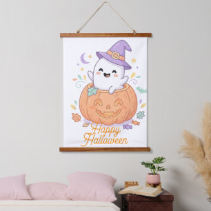 Cute Spooky Halloween Ghost and Pumpkin Wallpaper  Hanging Tapestry