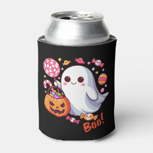 Cute Spooky Halloween Ghost, Pumpkins, and Candy Can Cooler
