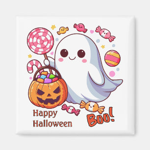 Cute Spooky Halloween Ghost, Pumpkins, and Candy Magnet