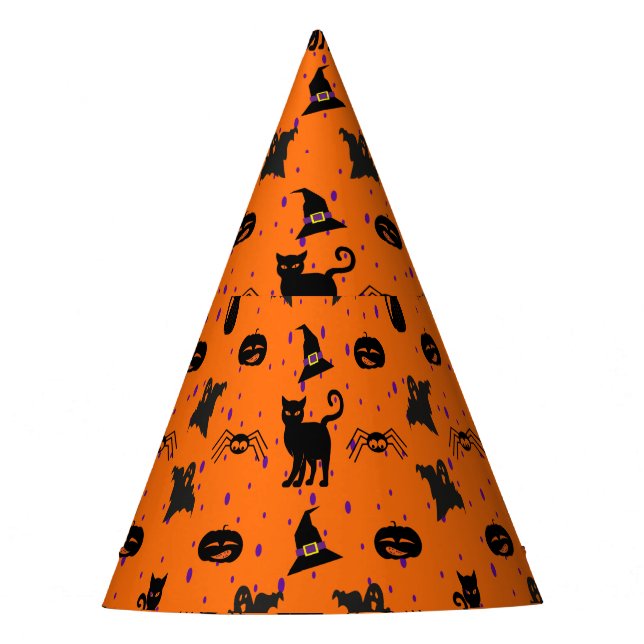Cute, Spooky Halloween Pattern Orange and Black  Party Hat (Front)