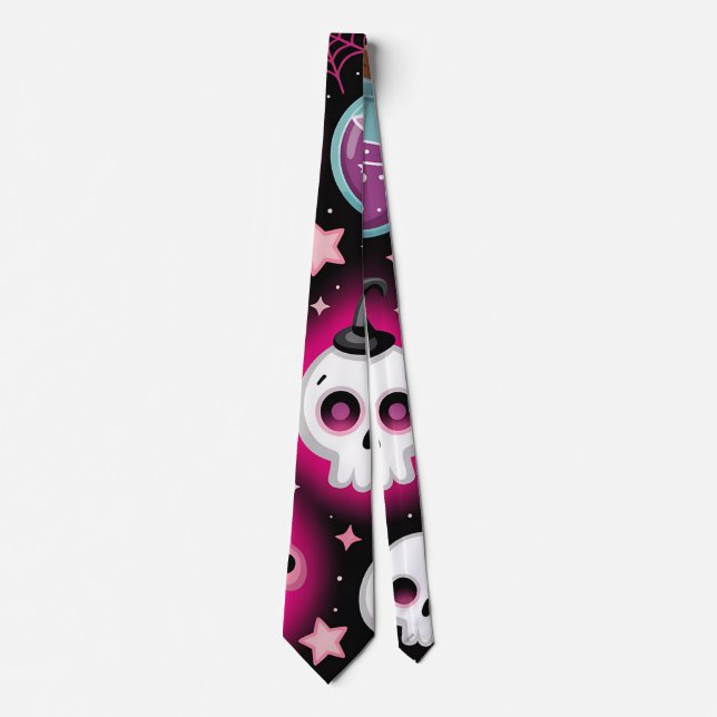 Cute Spooky Halloween Pattern with Ghosts, Skulls  Tie (Front)