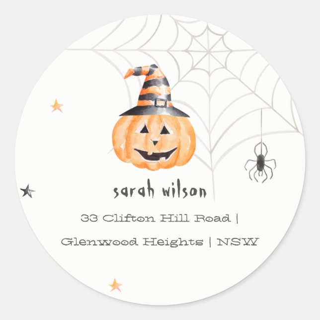 Cute Spooky Halloween Pumpkin Spider Address Classic Round Sticker (Front)