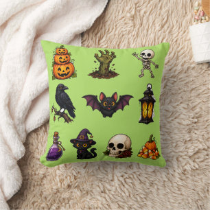 Cute & Spooky Halloween Stickers Sheet – Pumpkins, Throw Pillow