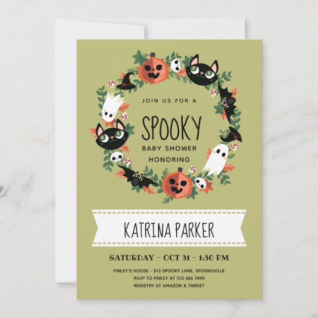 Cute Spooky Halloween Wreath Green Baby Shower Invitation (Front)