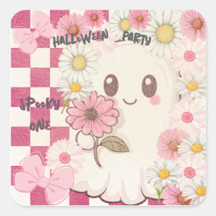 Cute Spooky Pink Daisy Halloween Party Invitation Square Sticker