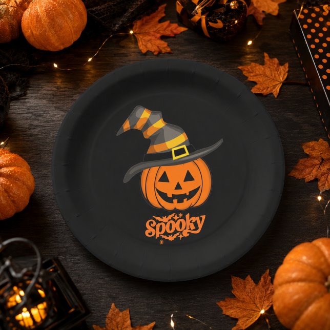 Cute Spooky Pumpkin Witch Hat Halloween Paper Plate (Creator Uploaded)