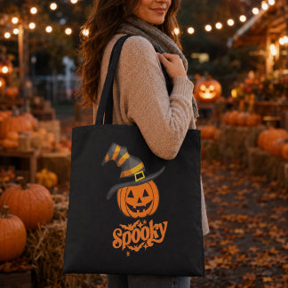 Cute Spooky Pumpkin Witch Hat Halloween Tote Bag