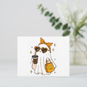Cute Spooky Season Ghost with Iced Coffee & Heart  Holiday Postcard