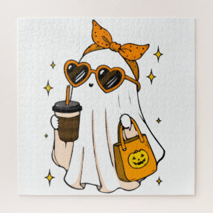 Cute Spooky Season Ghost with Iced Coffee & Heart Jigsaw Puzzle